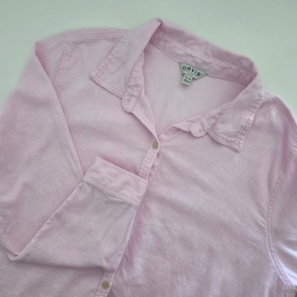 Orvis Button Down Shirt Pink Linen Blend Roll Tab Sleeve Womens XL